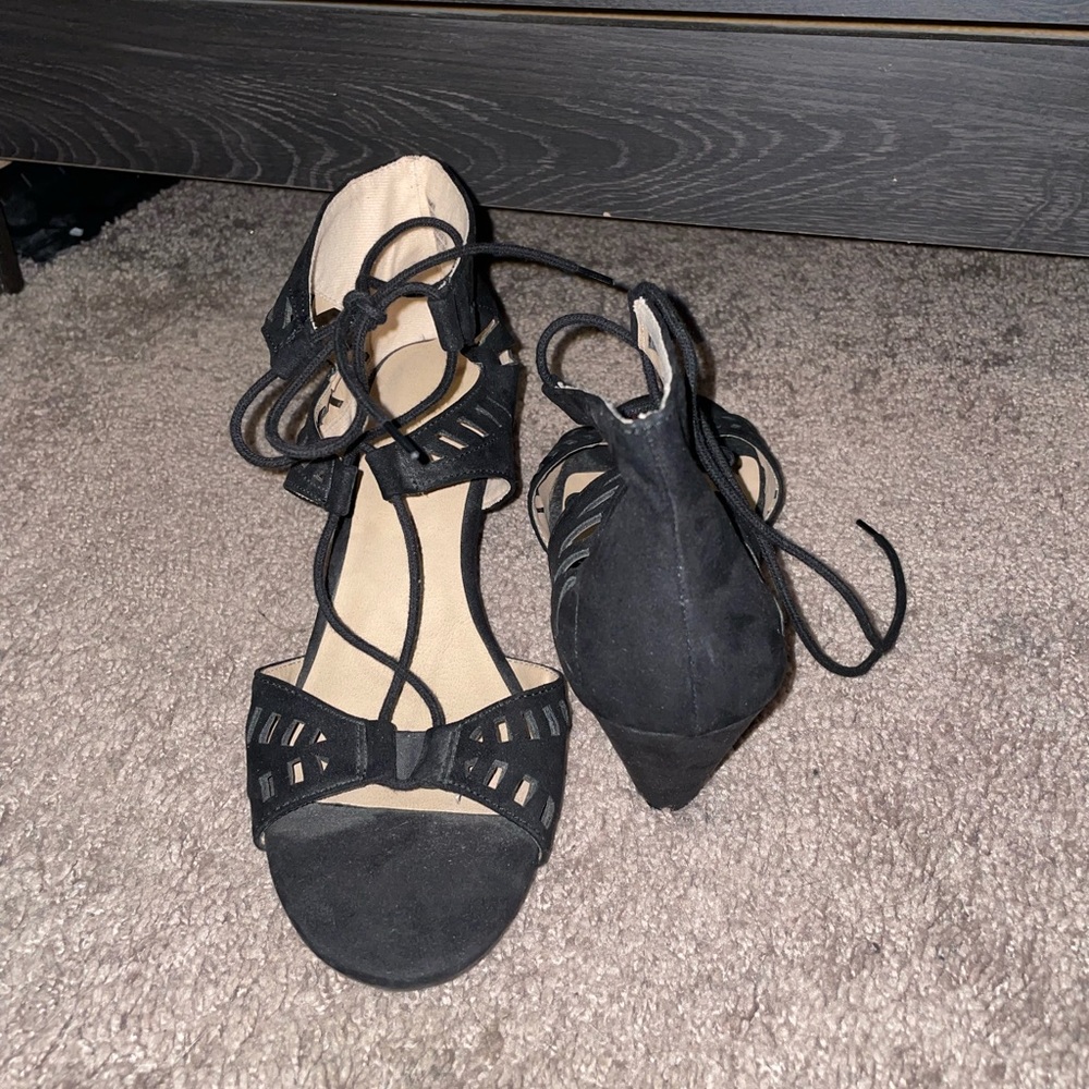 Black Crisscross Suede Open Toe Low Wedge Sandal
